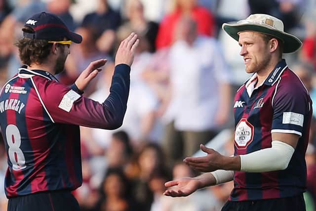BEST OF ENEMIES - pals Alex Wakely (left) and David Willey will be on opposite teams at the County Ground on Friday night
