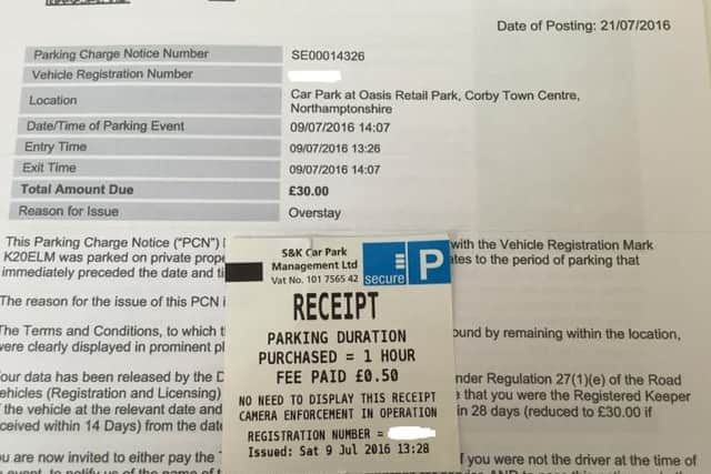 Mrs McKenzie's parking charge notice and her ticket.