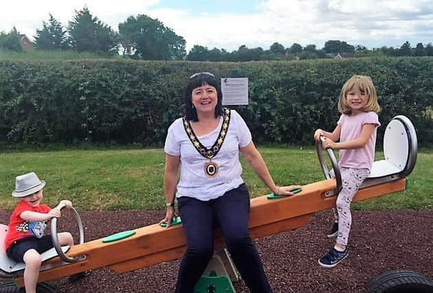 Raunds mayor Cllr Helen Howell at the opening of the play area in Webb Road, Raunds