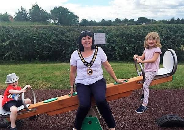 Raunds mayor Cllr Helen Howell at the opening of the play area in Webb Road, Raunds