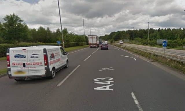 The roadworks start here, and end at the new A43 / A6003 roundabout. Copyright Google.