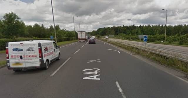 The roadworks start here, and end at the new A43 / A6003 roundabout. Copyright Google.