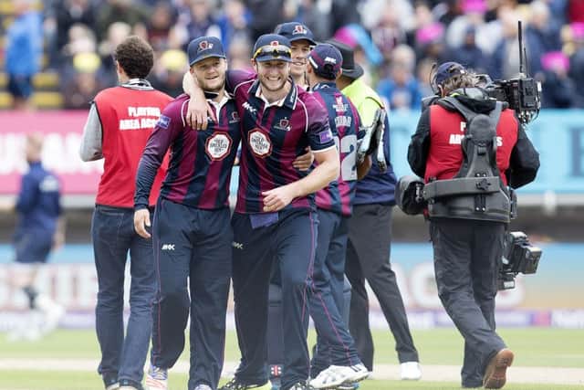 VICTORY SMILES - Ben Duckett and Alex Wakely celebrate Northants' Steelbacks T20 semi-final win over Notts Outlaws at Edgbaston (Pictures: Kirsty Edmonds)