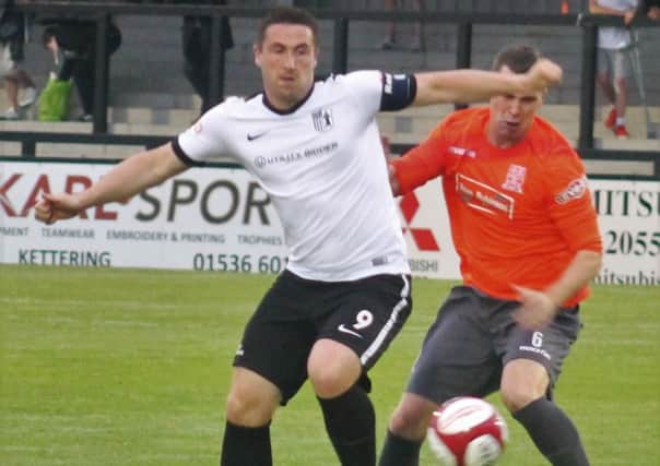 Corby Town striker Callum Ball in action during Wednesday's 0-0 draw with Stafford Rangers. Picture by David Tilley