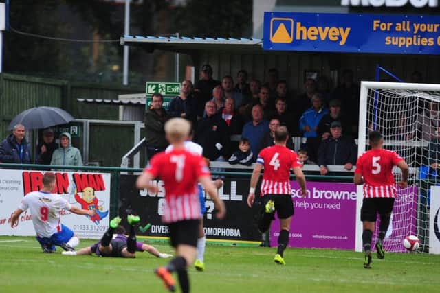 Taylor Orosz fires AFC Rushden & Diamonds into the lead against AFC Hornchurch at the Dog & Duck