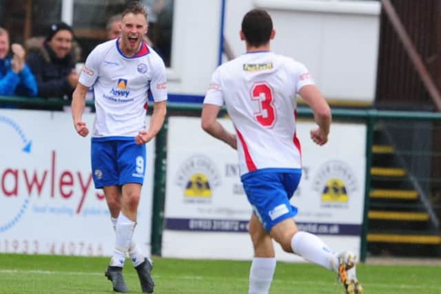 Taylor Orosz shows his delight after he opened the scoring in AFC Rushden & Diamonds' 2-0 win over AFC Hornchurch in the FA Cup. Pictures by Mike Capps/www.kappasport.co.uk