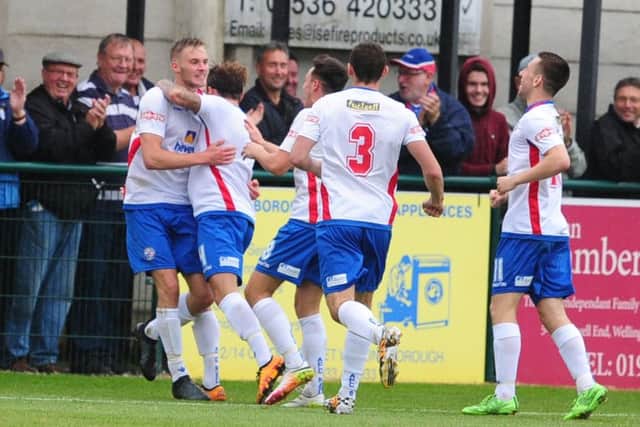Taylor Orosz celebrates scoring his first goal for AFC Rushden & Diamonds as he gave them the lead against AFC Hornchurch