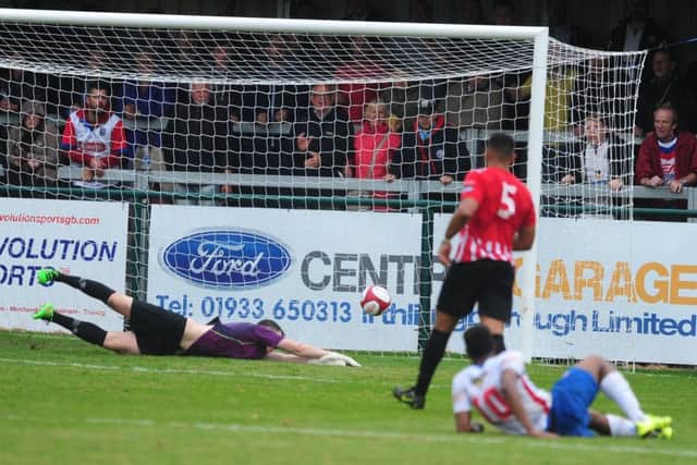 Nabil Shariff fires home AFC Rushden & Diamonds' second goal in the 2-0 FA Cup success over AFC Hornchurch at the Dog & Duck. Pictures by Mike Capps/www.kappasport.co.uk