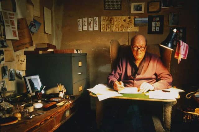 Roald Dahl at work in his famous writing hut