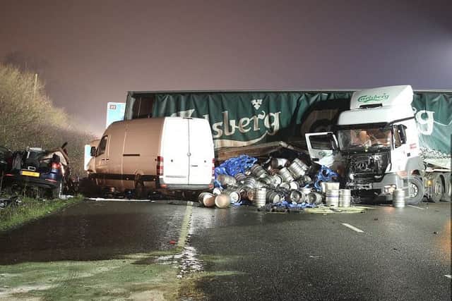 Leicestershire Police released a shocking photo of the carnage caused by the eight vehicle pile-up between junctions 21a and 22.