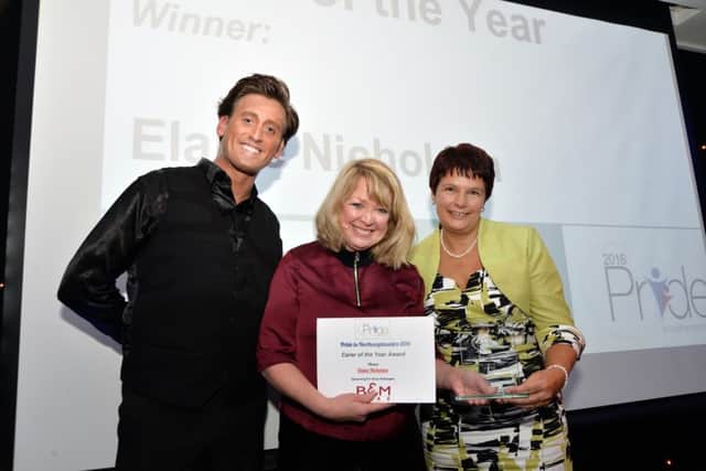 Carer of the year award winner Elaine Nicolson with Jon Moses and sponsor Teresa Warren, home manager of B & M Care Home.
PICTURE: ANDREW CARPENTER