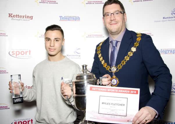 Kettering Sports Awards 2016
SPORTS PERSONALITY OF THE YEAR The Arthur Nicholson Award Winner Myles Fletcher (Burton Park Amateur Boxing Club) - presented by The Mayor of Kettering Cllr Scott Edwards  with The Mayor and Mayoress of Kettering Borough and Burton Park Amateur Boxing Club.