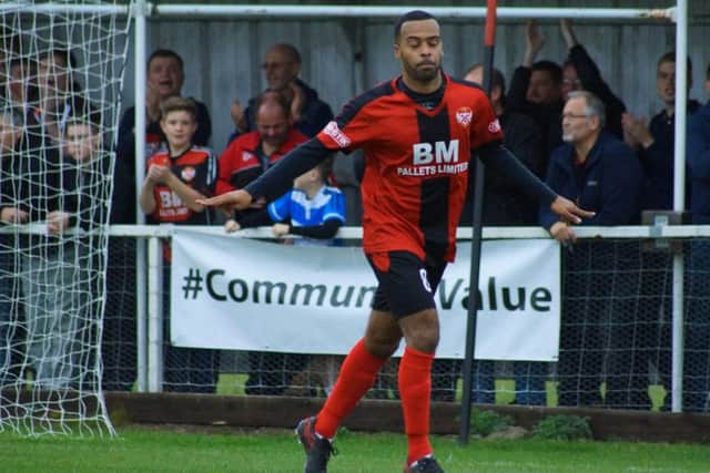 Spencer Weir-Daley celebrates one of his four goals during Kettering Town's 5-1 victory over Market Drayton Town. Pictures by Peter Short
