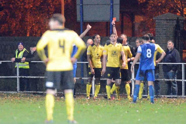 Rory Winters is given his marching orders but the 10-man Diamonds still came from a goal down to win at Spalding