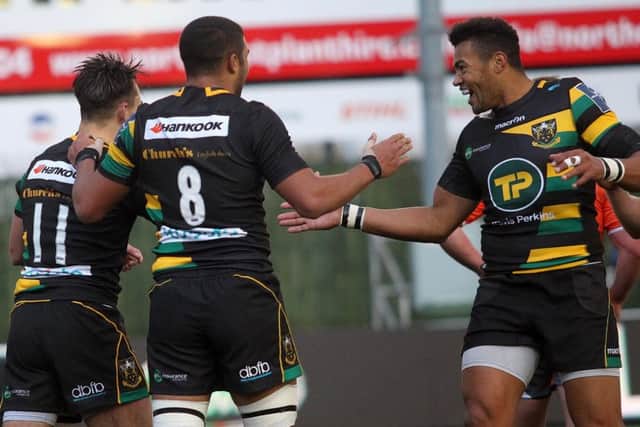 Luther Burrell shows his delight during Saints' win at Kingston Park (pictures: Sharon Lucey)
