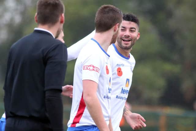 Lewis Leslie enjoys the moment after scoring Diamonds' first goal