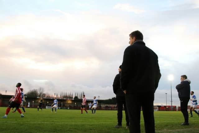 Marcus Law takes in the action during Kettering Town's FA Trophy defeat at Witton Albion. Pictures by Peter Short