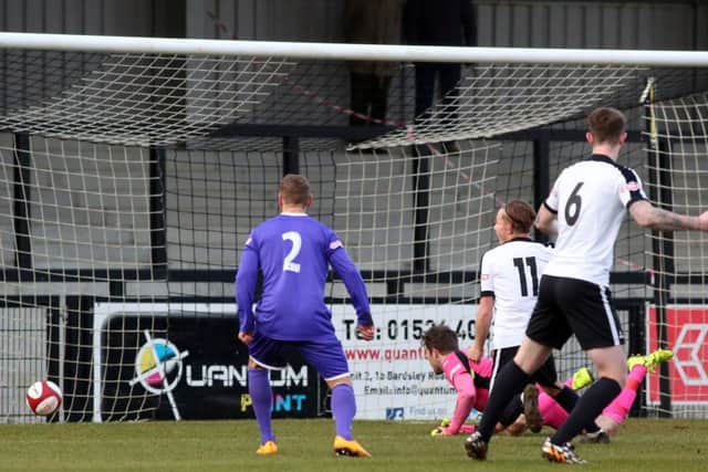 Jamie Tank's shot finds the net to give the Steelmen the lead against Ashton