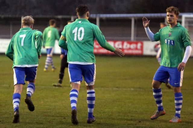 Lutterworth Athletic celebrate one of their goals in the 2-1 win at Burton Park Wanderers in UCL Division One. Pictures by Alison Bagley