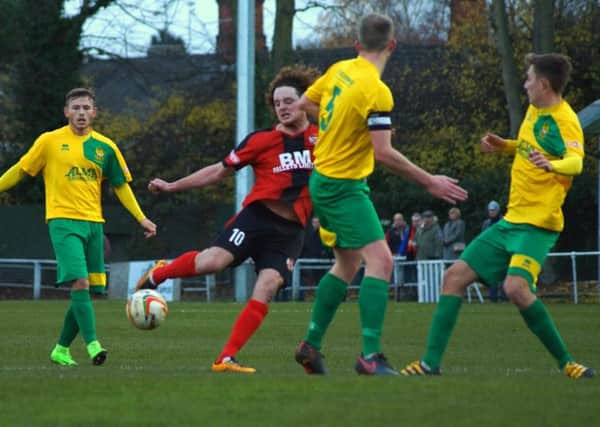 Liam Canavan has a shot during Kettering Town's 0-0 draw at Hitchin Town at the weekend. Picture by Peter Short