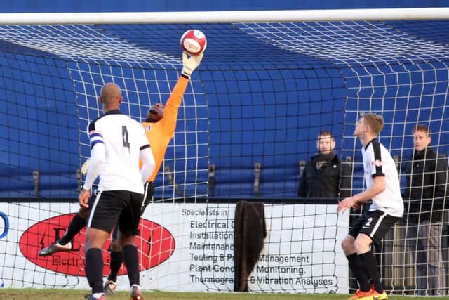 Louis Connor makes one of a number of fine saves during the first half of the Steelmen's defeat