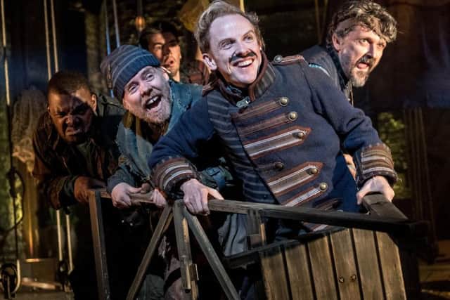 Dan Starkey as Smee, Greg Haiste as Black Stache, Ian Harris as Lord Aster, plus company. Picture: Manuel Harlan