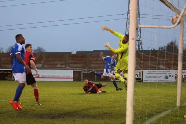 Photographer Peter Short captured the moment James Brighton hammered home Kettering Town's fourth goal in last weekend's fine 6-1 success at Cirencester Town