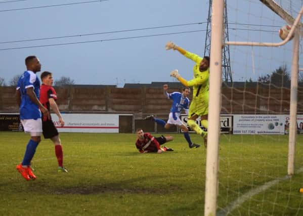 Photographer Peter Short captured the moment James Brighton hammered home Kettering Town's fourth goal in last weekend's fine 6-1 success at Cirencester Town