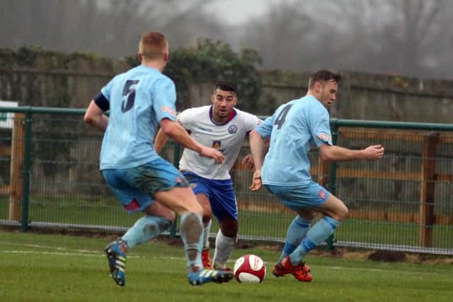 Lewis Leslie in action during AFC Rushden & Diamonds' 1-1 draw with Lincoln United last weekend. Picture by Alison Bagley