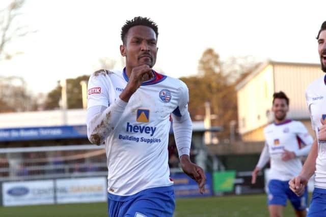 Nabil Shariff celebrates after putting Diamonds in front against Stamford