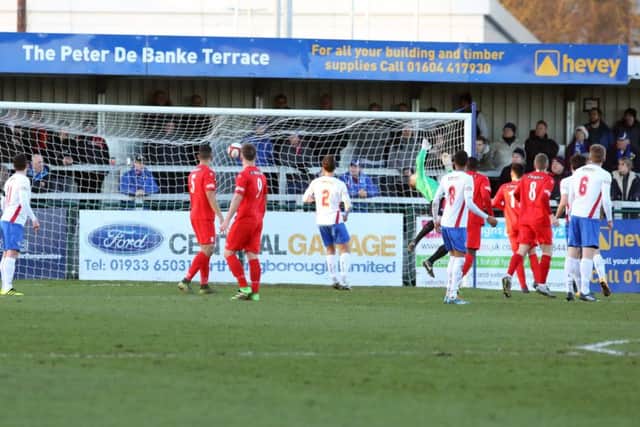 Chris Salt scores Stamford's equaliser at the Dog & Duck