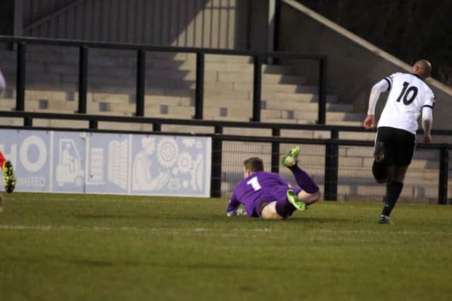 Phil Trainer scores Corby's first goal in the win over Spennymoor