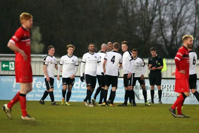 Phil Trainer takes the congratulations after opening the scoring at Steel Park