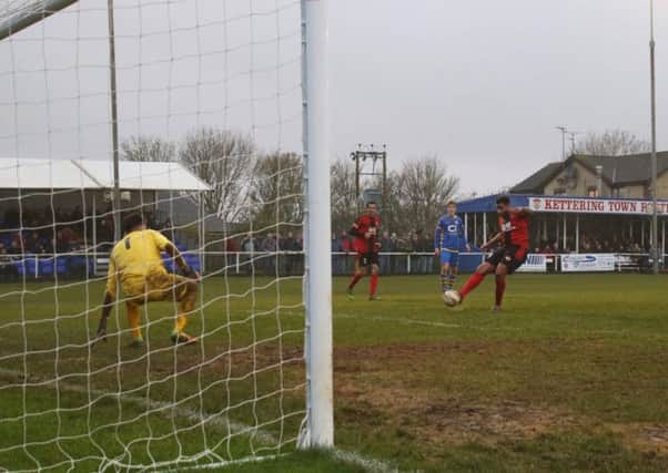 Rene Howe fires home the winner in Kettering Town's 2-1 success over Basingstoke Town last weekend. Picture by Peter Short