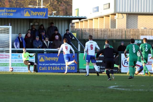 Kidsgrove Athletic score their first goal as AFC Rushden & Diamonds suffered a 5-2 home defeat. Pictures by Alison Bagley