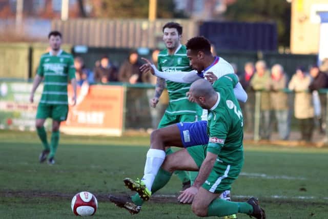 Match action as AFC Rushden & Diamonds' 19-match unbeaten run was ended by a 5-2 home defeat to Kidsgrove Athletic. Pictures by Alison Bagley