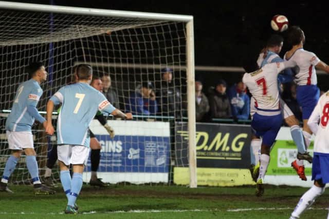 Tom Lorraine heads home Diamonds' first goal at the Dog & Duck