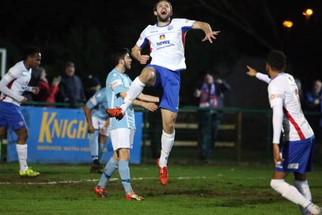 Tom Lorraine celebrates after he opened the scoring in AFC Rushden & Diamonds' 3-0 win over Rugby Town. Pictures by Alison Bagley
