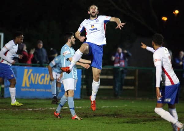 Tom Lorraine celebrates after he opened the scoring in AFC Rushden & Diamonds' 3-0 win over Rugby Town. Pictures by Alison Bagley