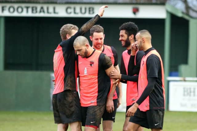 Remy Brittain takes the congratulations after scoring for Whitworth last Saturday