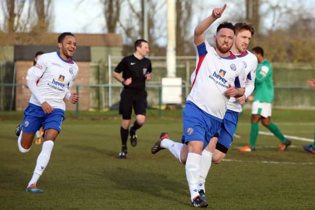 Joe Curtis celebrates one of his two goals in AFC Rushden & Diamonds' 4-0 victory over Loughborough Dynamo. Pictures by Alison Bagley
