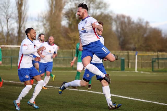 Joe Curtis jumps for joy after scoring for Diamonds against Loughborough