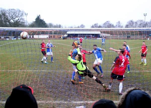 Rene Howe fires home Kettering Town's winner at Hayes & Yeading. Picture by Peter Short