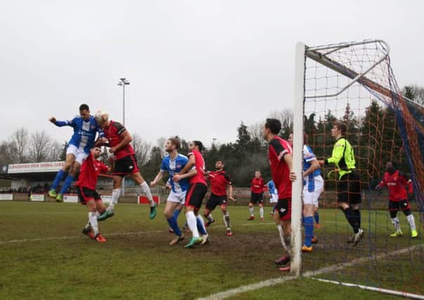 Dominic Langdon heads home Kettering Town's equaliser against Hayes & Yeading. Pictures by Peter Short