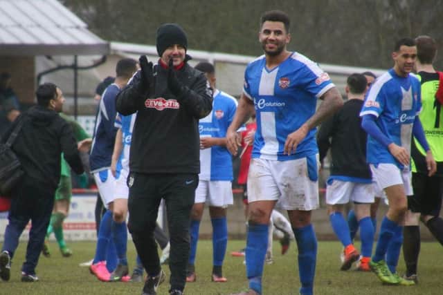 Rene Howe and boss Marcus Law celebrate at the end of Kettering Town's 2-1 success at Hayes & Yeading United last weekend. Picture by Peter Short