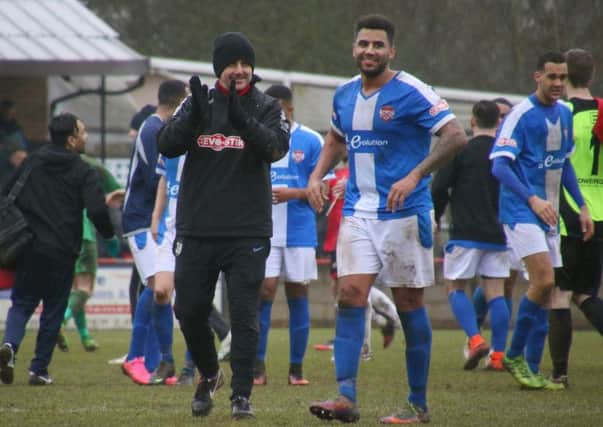 Rene Howe and boss Marcus Law celebrate at the end of Kettering Town's 2-1 success at Hayes & Yeading United last weekend. Picture by Peter Short