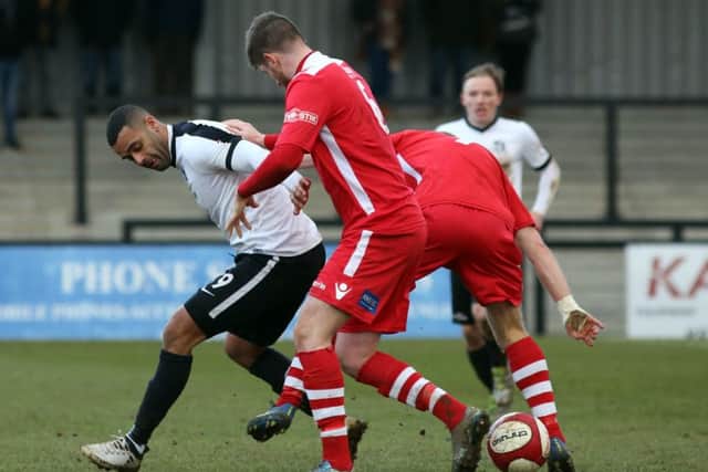 Stefan Moore scored twice in Corby Town's crucial 3-2 win over Hednesford Town last weekend. Picture by Alison Bagley
