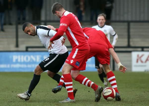Stefan Moore scored twice in Corby Town's crucial 3-2 win over Hednesford Town last weekend. Picture by Alison Bagley