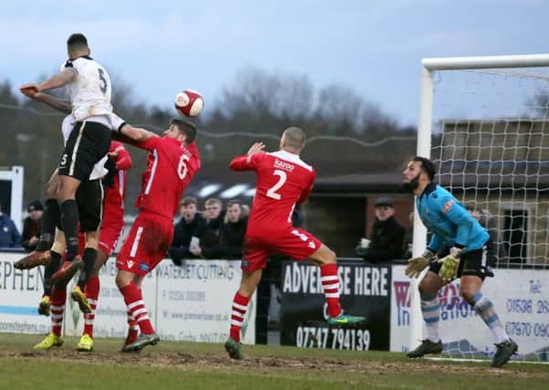Aaron Brown's header gave Corby Town a 3-2 win over Hednesford Town last weekend. Picture by Alison Bagley