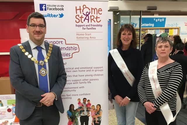 L-R: Mayor of Kettering Scott Edwards, Friends of Home-Start chair Serena Hall and Home-Start Kettering manager Nikki Farrar-Hayton.